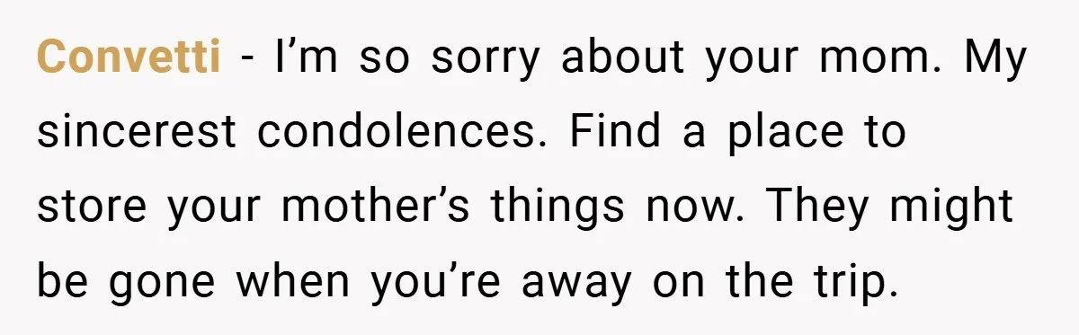 Convetti − I’m so sorry about your mom. My sincerest condolences. Find a place to store your mother’s things now. They might be gone when you’re away on the trip.