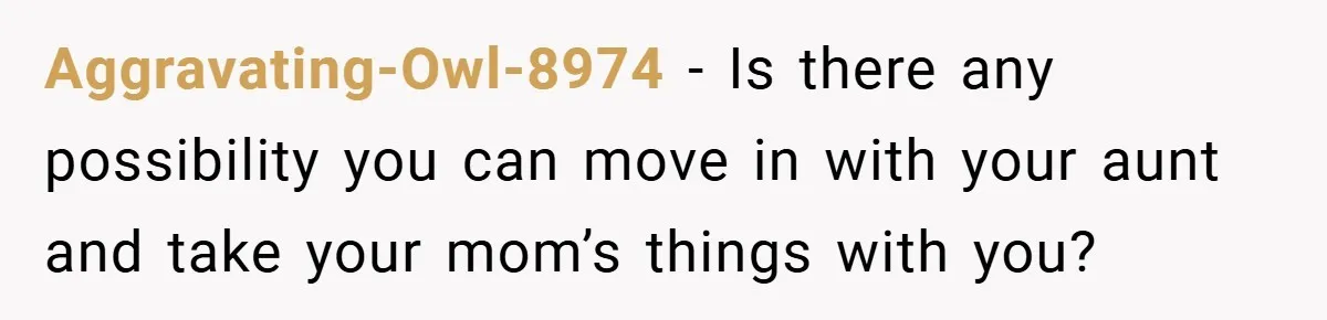 Aggravating-Owl-8974 − Is there any possibility you can move in with your aunt and take your mom’s things with you?