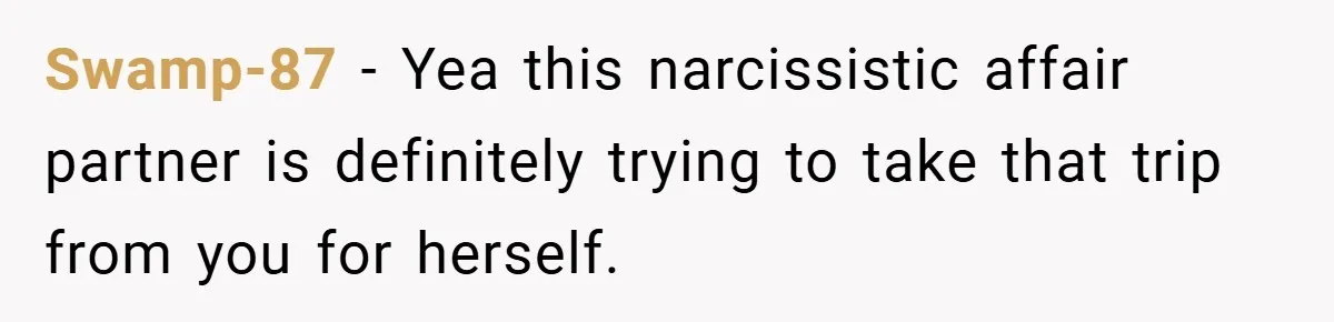 Swamp-87 − Yea this narcissistic affair partner is definitely trying to take that trip from you for herself.
