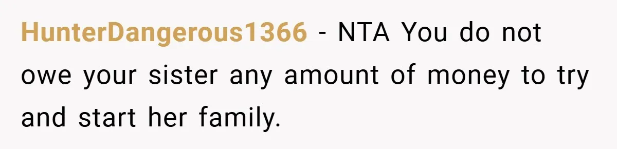 HunterDangerous1366 − NTA You do not owe your sister any amount of money to try and start her family.
