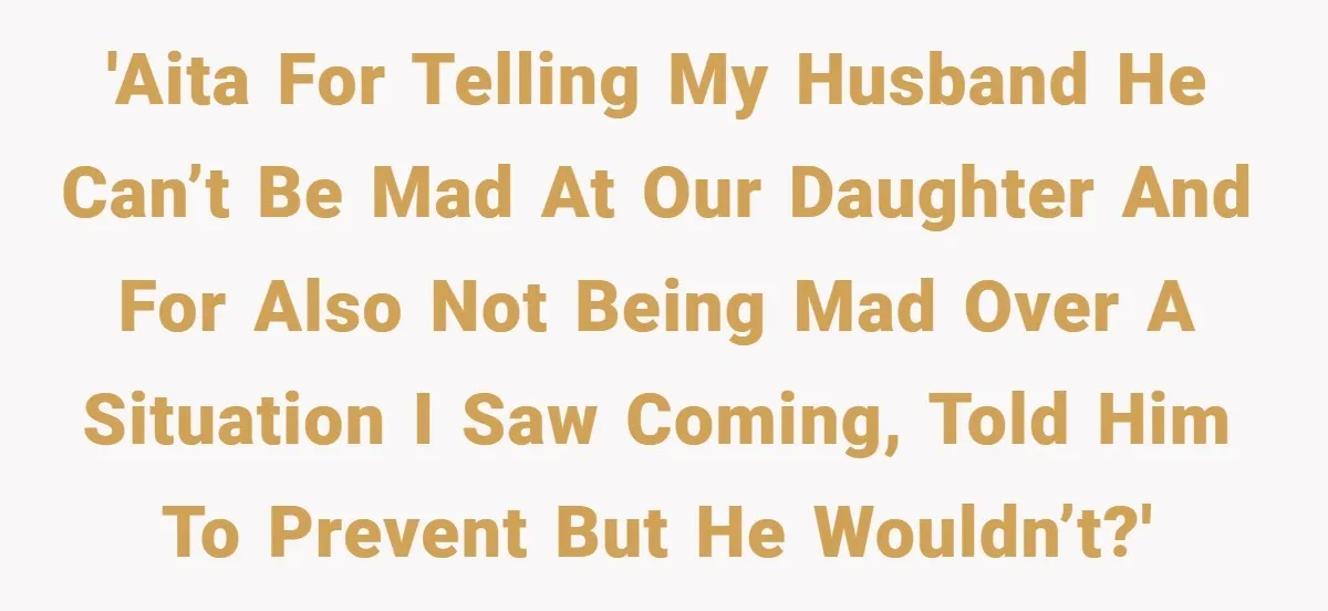 'AITA for telling my husband he can’t be mad at our daughter and for also not being mad over a situation I saw coming, told him to prevent but he...
