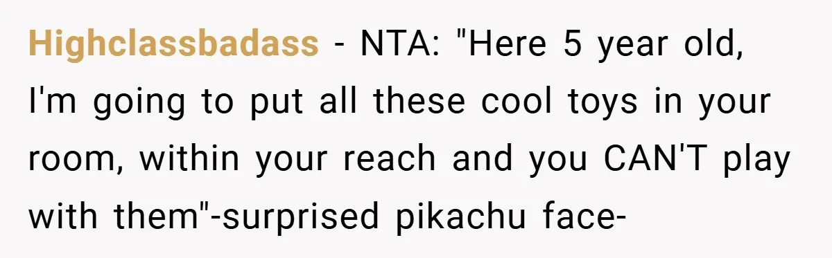 Highclassbadass − NTA: "Here 5 year old, I'm going to put all these cool toys in your room, within your reach and you CAN'T play with them"-surprised pikachu face-
