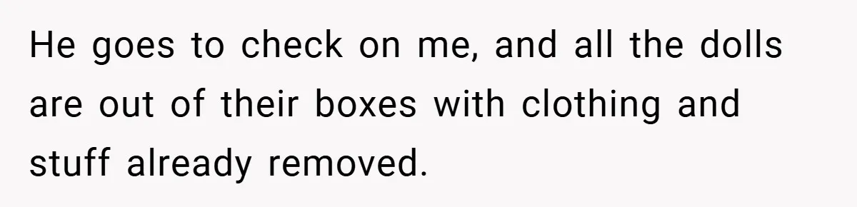 He goes to check on me, and all the dolls are out of their boxes with clothing and stuff already removed.