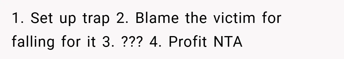 1. Set up trap 2. Blame the victim for falling for it 3. ??? 4. Profit NTA