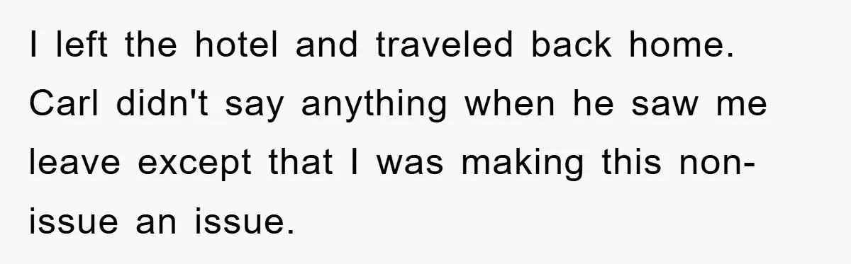 I left the hotel and traveled back home. Carl didn't say anything when he saw me leave except that I was making this non-issue an issue.