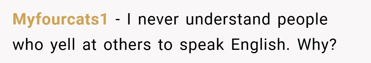 Myfourcats1 − I never understand people who yell at others to speak English. Why?