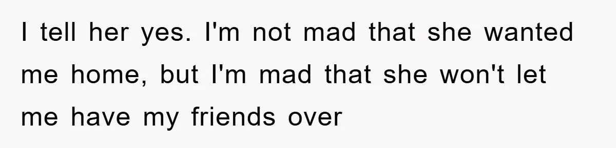 I tell her yes. I'm not mad that she wanted me home, but I'm mad that she won't let me have my friends over