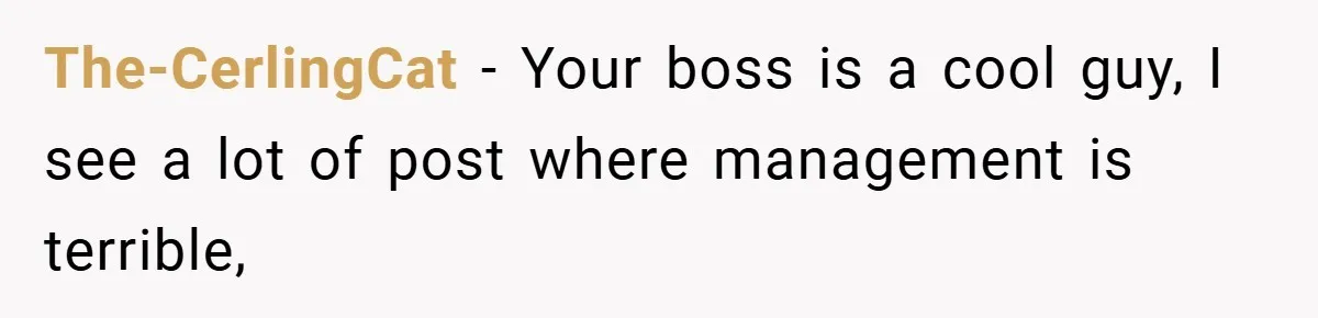 The-CerlingCat − Your boss is a cool guy, I see a lot of post where management is terrible,