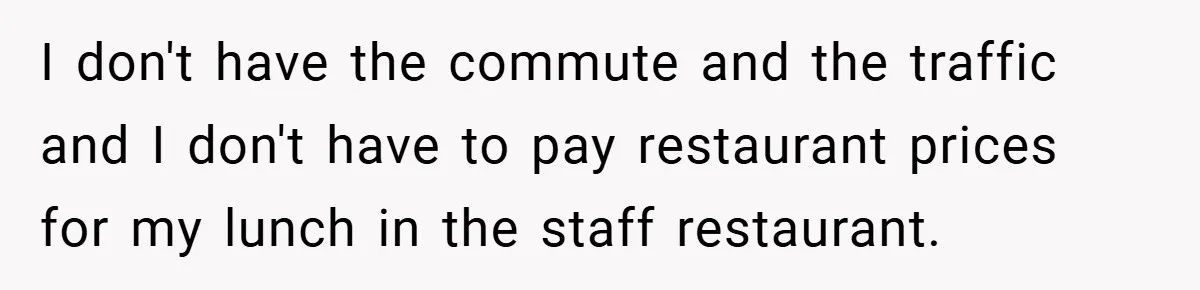 I don't have the commute and the traffic and I don't have to pay restaurant prices for my lunch in the staff restaurant.