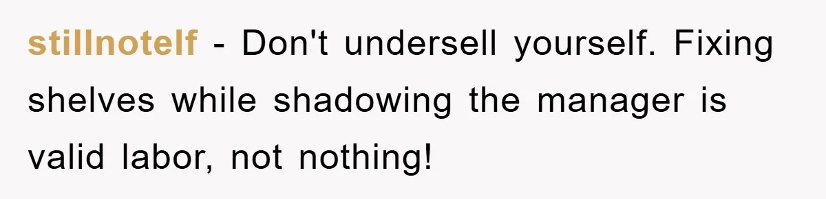 stillnotelf − Don't undersell yourself. Fixing shelves while shadowing the manager is valid labor, not nothing!