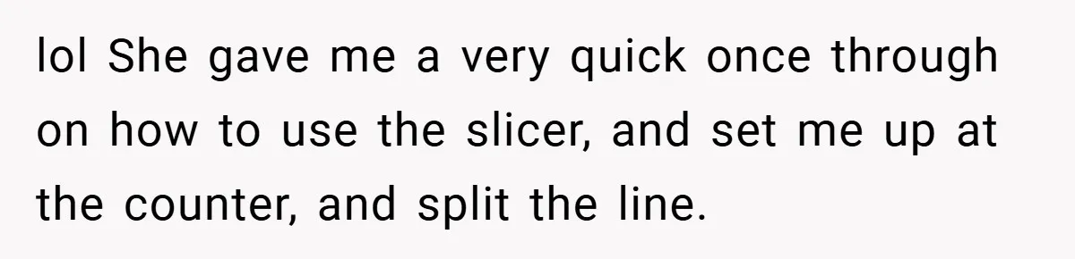 Employee Quits Immediately After Manager Threatens Job, Leaves The Store In Shambles lol She gave me a very quick once through on how to use the slicer, and set me up at the counter, and split the line.