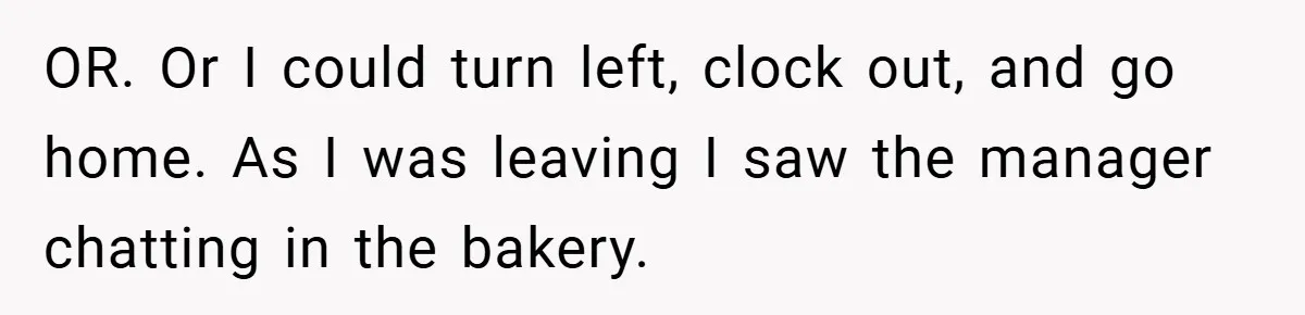 Employee Quits Immediately After Manager Threatens Job, Leaves The Store In Shambles OR. Or I could turn left, clock out, and go home. As I was leaving I saw the manager chatting in the bakery.