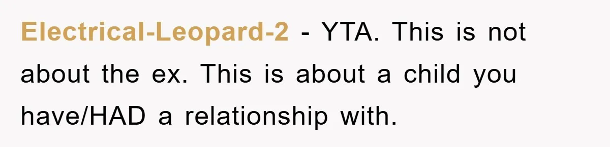Electrical-Leopard-2 − YTA. This is not about the ex. This is about a child you have/HAD a relationship with.
