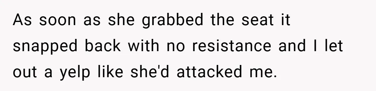 As soon as she grabbed the seat it snapped back with no resistance and I let out a yelp like she'd attacked me.