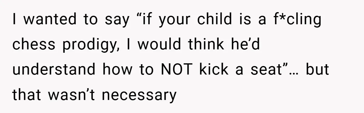 I wanted to say “if your child is a f*cling chess prodigy, I would think he’d understand how to NOT kick a seat”… but that wasn’t necessary