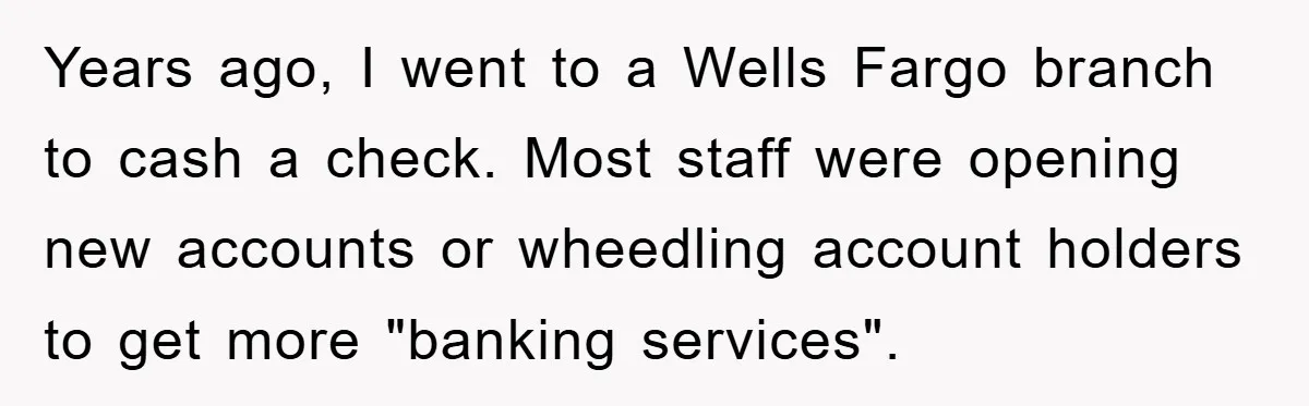 Years ago, I went to a Wells Fargo branch to cash a check. Most staff were opening new accounts or wheedling account holders to get more "banking services".