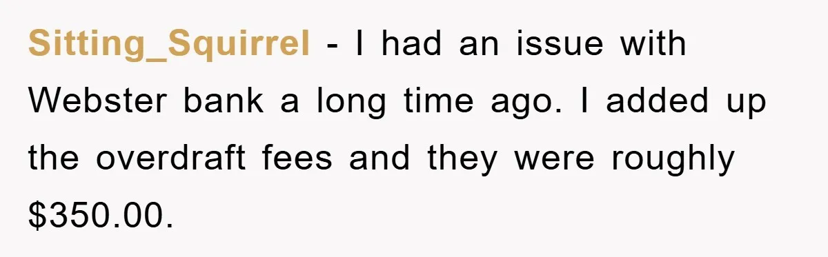 Sitting_Squirrel − I had an issue with Webster bank a long time ago. I added up the overdraft fees and they were roughly $350.00.