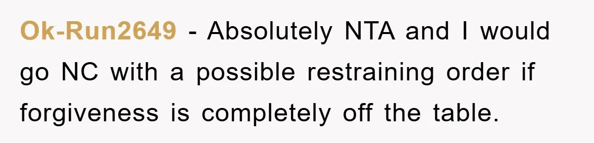 Ok-Run2649 − Absolutely NTA and I would go NC with a possible restraining order if forgiveness is completely off the table.