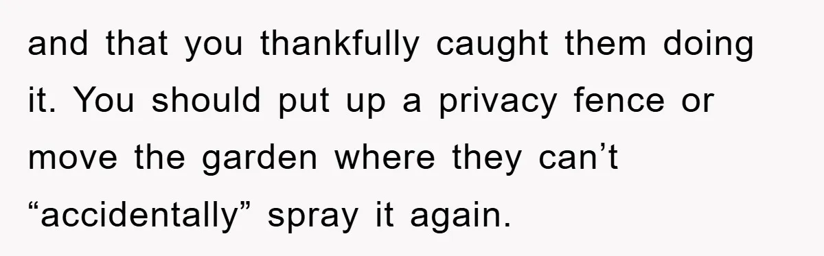 and that you thankfully caught them doing it. You should put up a privacy fence or move the garden where they can’t “accidentally” spray it again.