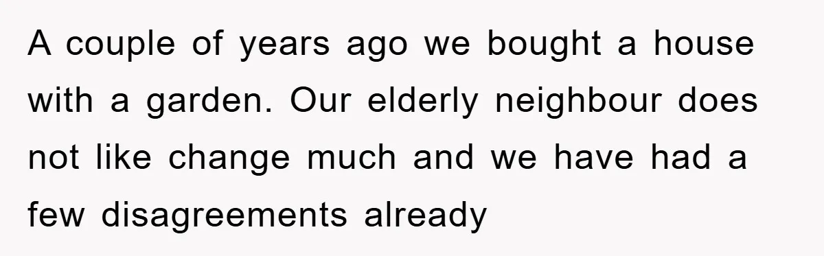 A couple of years ago we bought a house with a garden. Our elderly neighbour does not like change much and we have had a few disagreements already