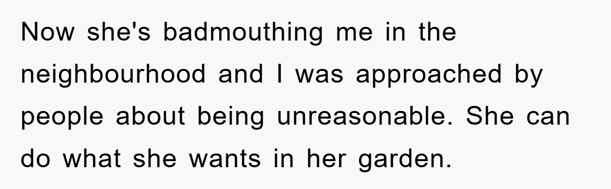 Now she's badmouthing me in the neighbourhood and I was approached by people about being unreasonable. She can do what she wants in her garden.