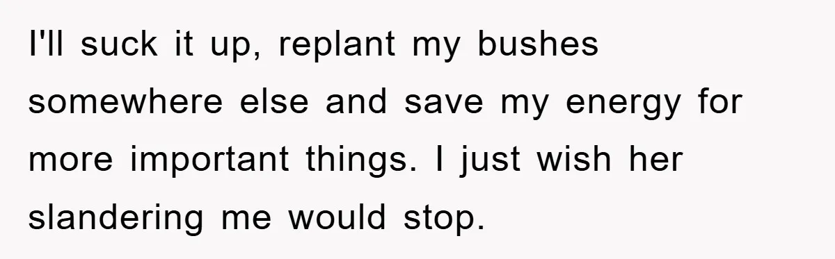 I'll suck it up, replant my bushes somewhere else and save my energy for more important things. I just wish her slandering me would stop.