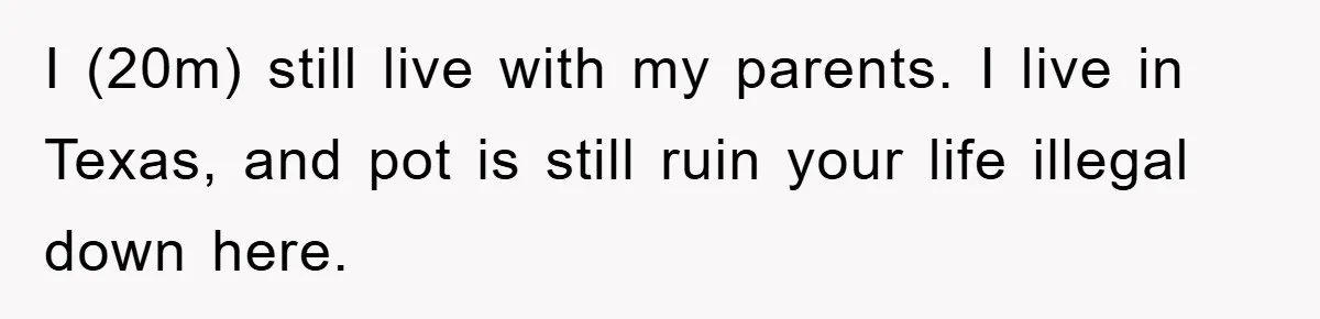 I (20m) still live with my parents. I live in Texas, and pot is still ruin your life illegal down here.