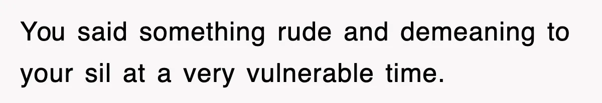 You said something rude and demeaning to your sil at a very vulnerable time.