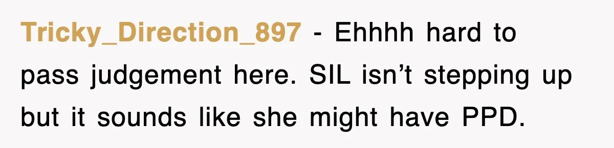 Tricky_Direction_897 − Ehhhh hard to pass judgement here. SIL isn’t stepping up but it sounds like she might have PPD.