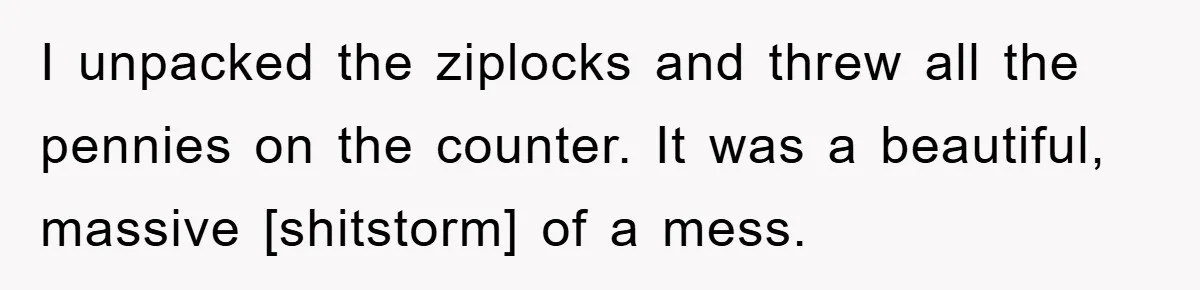 I unpacked the ziplocks and threw all the pennies on the counter. It was a beautiful, massive [shitstorm] of a mess.