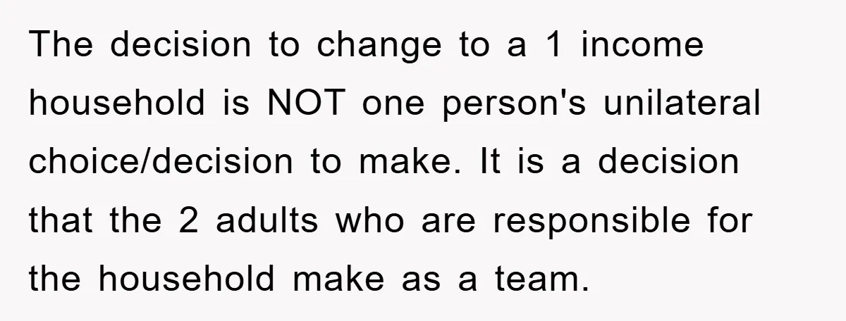 The decision to change to a 1 income household is NOT one person's unilateral choice/decision to make. It is a decision that the 2 adults who are responsible for the...