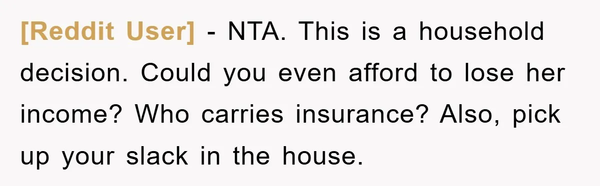 [Reddit User] - NTA. This is a household decision. Could you even afford to lose her income? Who carries insurance? Also, pick up your slack in the house.