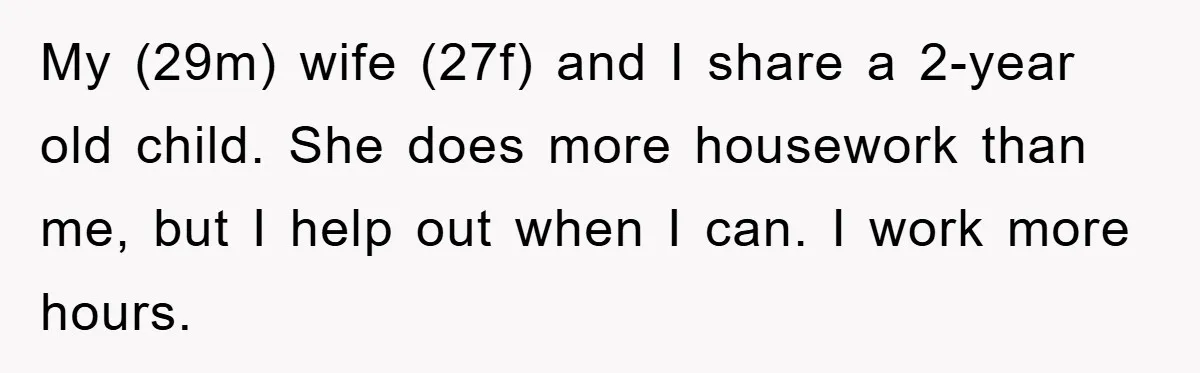 My (29m) wife (27f) and I share a 2-year old child. She does more housework than me, but I help out when I can. I work more hours.