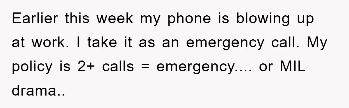 Earlier this week my phone is blowing up at work. I take it as an emergency call. My policy is 2+ calls = emergency.... or MIL drama..
