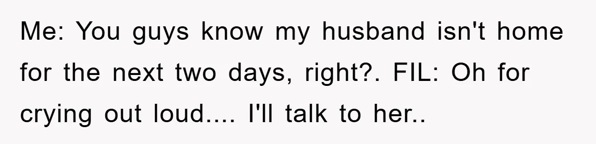 Me: You guys know my husband isn't home for the next two days, right?. FIL: Oh for crying out loud.... I'll talk to her..
