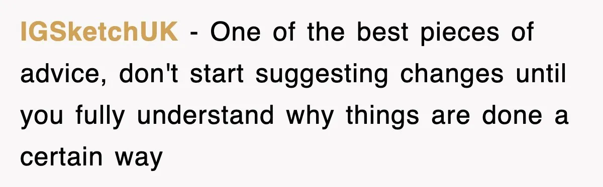 IGSketchUK − One of the best pieces of advice, don't start suggesting changes until you fully understand why things are done a certain way