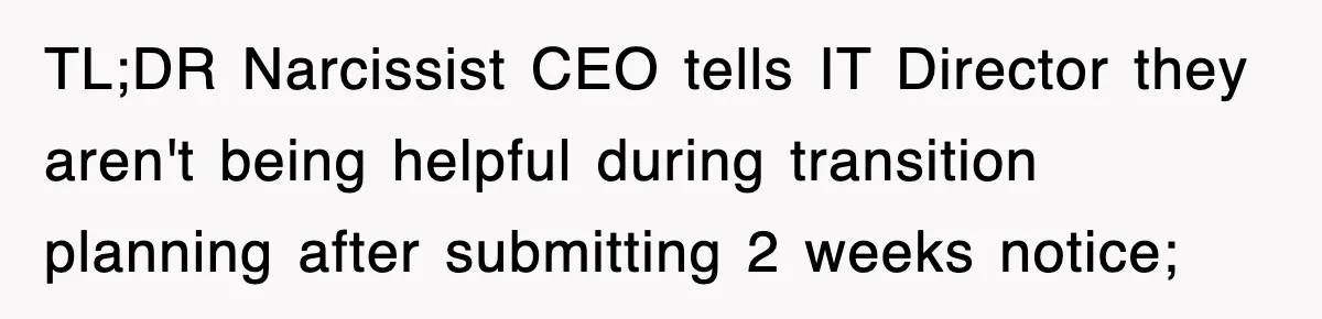 TL;DR Narcissist CEO tells IT Director they aren't being helpful during transition planning after submitting 2 weeks notice;