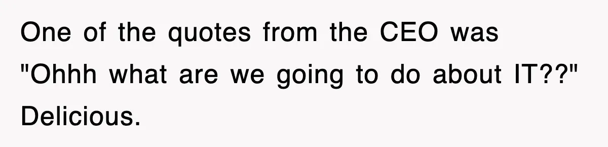 One of the quotes from the CEO was "Ohhh what are we going to do about IT??" Delicious.