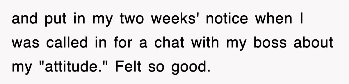 and put in my two weeks' notice when I was called in for a chat with my boss about my "attitude." Felt so good.