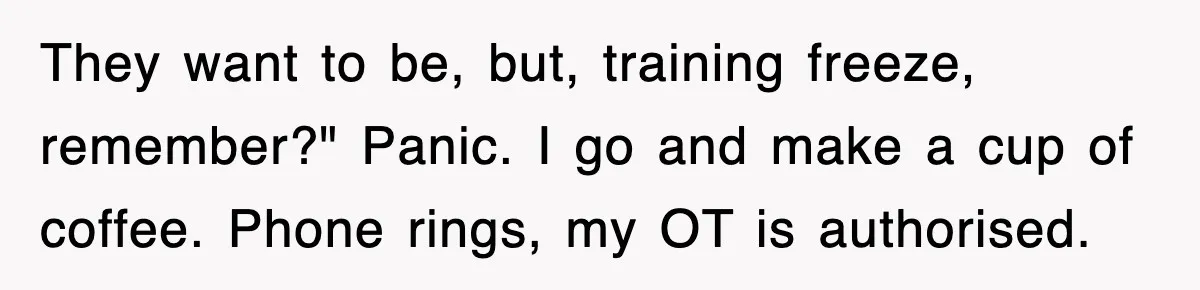 They want to be, but, training freeze, remember?" Panic. I go and make a cup of coffee. Phone rings, my OT is authorised.