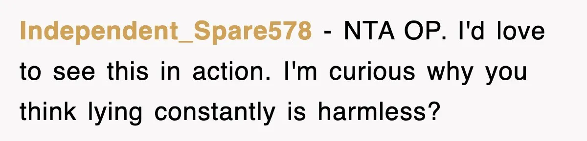 Independent_Spare578 − NTA OP. I'd love to see this in action. I'm curious why you think lying constantly is harmless?