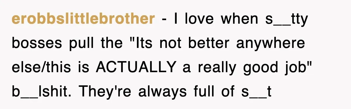 erobbslittlebrother − I love when s__tty bosses pull the "Its not better anywhere else/this is ACTUALLY a really good job" b__lshit. They're always full of s__t