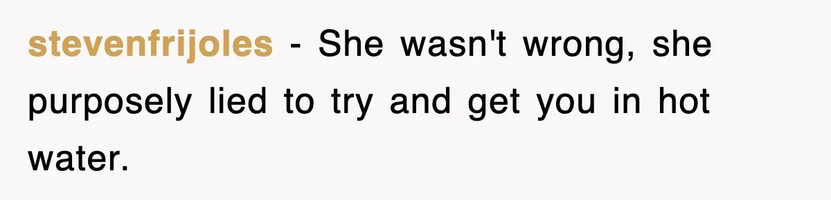 stevenfrijoles − She wasn't wrong, she purposely lied to try and get you in hot water.