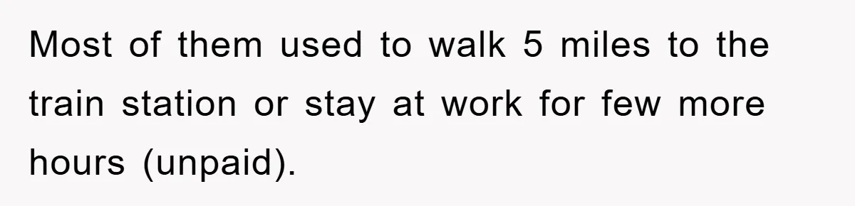 Most of them used to walk 5 miles to the train station or stay at work for few more hours (unpaid).