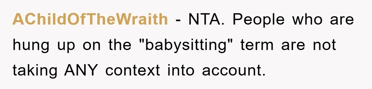 AChildOfTheWraith − NTA. People who are hung up on the "babysitting" term are not taking ANY context into account.