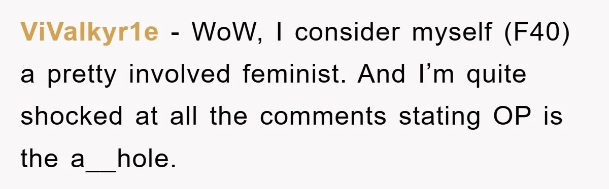 ViValkyr1e − WoW, I consider myself (F40) a pretty involved feminist. And I’m quite shocked at all the comments stating OP is the a__hole.