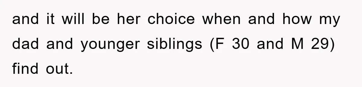 Daughter Uncovers Mom's Decades-Long Cheating Secret And Wrestles With Telling Clueless Dad The Truth and it will be her choice when and how my dad and younger siblings (F 30 and M 29) find out.