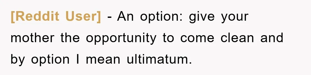 [Reddit User] − An option: give your mother the opportunity to come clean and by option I mean ultimatum.