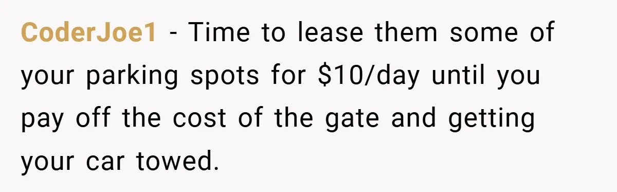 CoderJoe1 − Time to lease them some of your parking spots for $10/day until you pay off the cost of the gate and getting your car towed.
