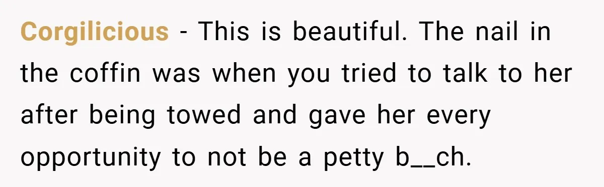 Corgilicious − This is beautiful. The nail in the coffin was when you tried to talk to her after being towed and gave her every opportunity to not be a...